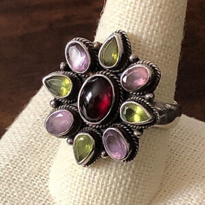 Garnet Peridot Amethyst Sterling Silver Sunburst Shaped Flower Gemstone Ring